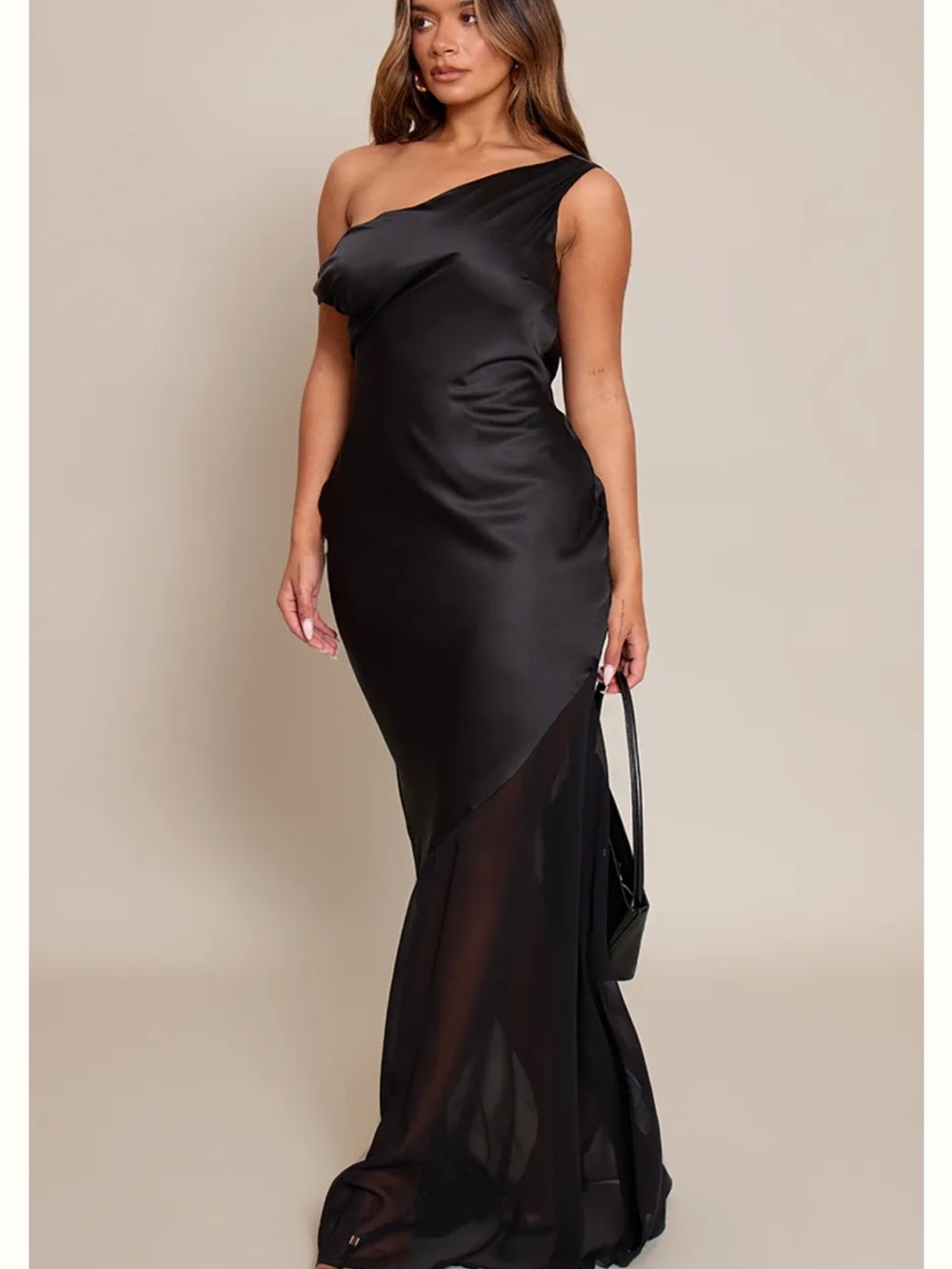 PrettyLittleThing One-Shoulder Black Satin Evening Dress